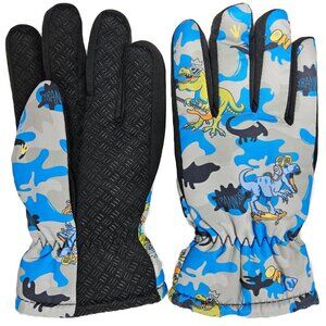 Kids Winter Gloves, Boys Girls Ski Glove, Faux Fur Lined Dinosaur Designs, Blue